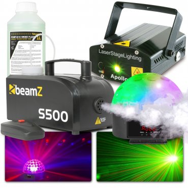 BeamZ Párty balíček s LED světelným efektem, laserem a výrobníkem mlhy
