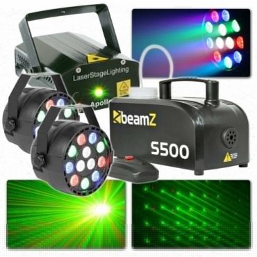 BeamZ Světelný set s laserem, PAR spoty a mlhovačem 500W