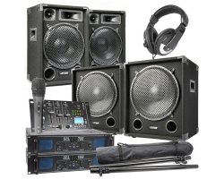 Max 1215 Complete 2200W 2.2 DJ Set reproboxů se zesilovači, mixpultem a příslušenstvím