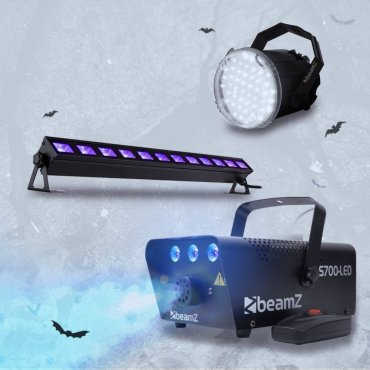 BeamZ Complete Halloween Effect Set s výrobníkem mlhy s modrým LED podsvícením, LED stroboskopem a LED UV barem