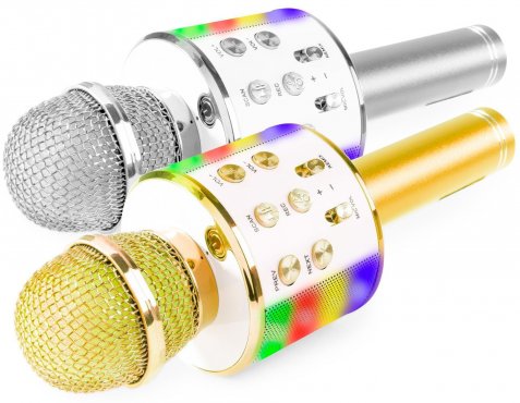 MAX KM15 Sada 2ks BT Karaoke mikrofonů s LED diodami a MP3 – stříbrná a zlatá