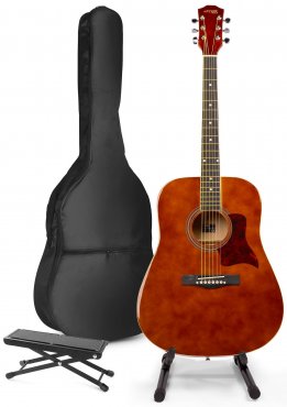 MAX SoloJam Westernová akustická kytara s kytarovým stojanem a opěrkou nohou - Barva hnědá