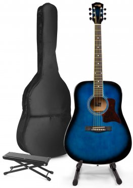 MAX SoloJam Westernová akustická kytara s kytarovým stojanem a opěrkou nohou - Barva modrá