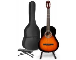 MAX SoloArt Klasická akustická kytara s kytarovým stojanem a opěrkou nohou - Barva Sunburst