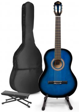 MAX SoloArt Klasická akustická kytara s kytarovým stojanem a opěrkou nohou - Barva modrá