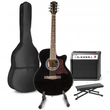 MAX ShowKit Sada elektrické akustické kytary se stojanem na kytaru a podnožkou - Barva černá