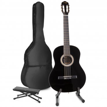 MAX SoloArt Sada klasické akustické kytary se stojanem na kytaru a podnožkou - Barva černá