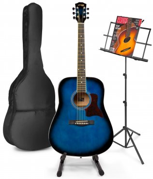 MAX SoloJam Westernová akustická kytara se stojanem na noty a kytaru – Barva modrá