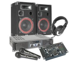 Skytec Complete 500W DJ Set reproboxů, zesilovače, mixpultu, sluchátek a mikrofonů