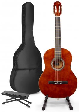 MAX SoloArt Klasická akustická kytara s kytarovým stojanem a opěrkou nohou - Barva hnědá