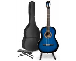 MAX SoloArt Klasická akustická kytara s kytarovým stojanem a opěrkou nohou - Barva modrá