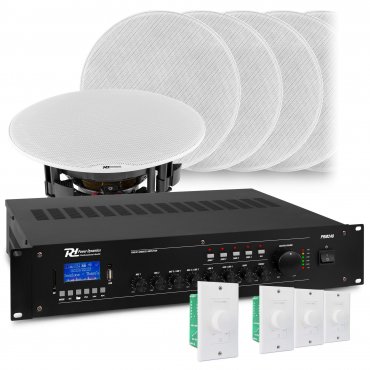 Power Dynamics 4 zónový zvukový systém s 8x FCS5 vestavěnými reproduktory, 100V zesilovačem a 4x ovládáním hlasitosti