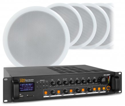 Power Dynamics Zvukový systém s 8 stropními reproduktory CSPB8 a zesilovačem PDV120MP3 s BT
