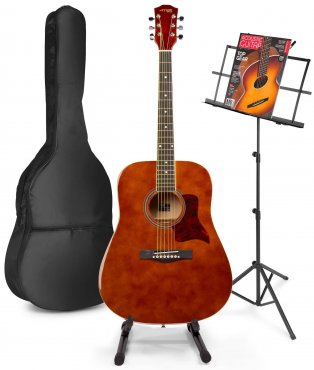 MAX SoloJam Westernová akustická kytara se stojanem, obalem a stojanem na noty - Barva hnědá