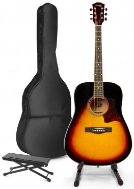 MAX SoloJam Westernová akustická kytara s kytarovým stojanem a opěrkou nohou - Barva Sunburst