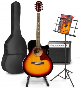 MAX ShowKit Elektrická akustická kytara se stojanem a příslušenstvím - Barva Sunburst