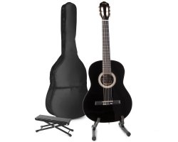 MAX SoloArt Sada klasické akustické kytary se stojanem na kytaru a podnožkou - Barva černá