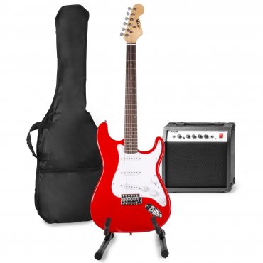 MAX GigKit Sada elektrické kytary se stojanem na kytaru - Barva červená