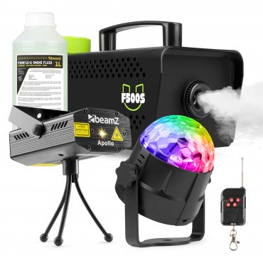 Fuzzix Partyset výrobníku mlhy F500S s náplní, mini laseru Apollo a efektu Tornado